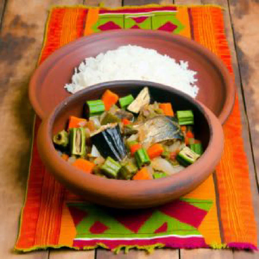 Bowl of Senegalese Dakhar fish soup with vegetables and fresh herbs