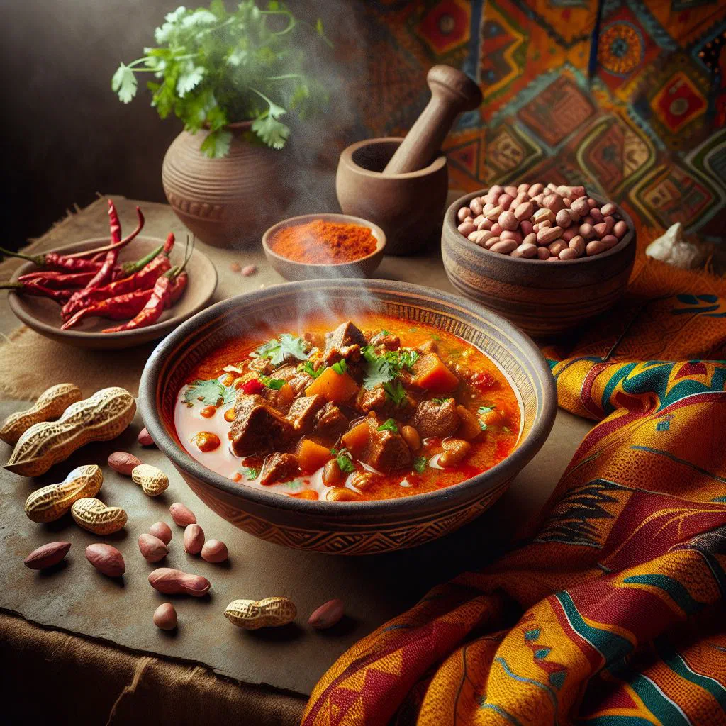 Domoda peanut stew with tender meat and vegetables served over rice