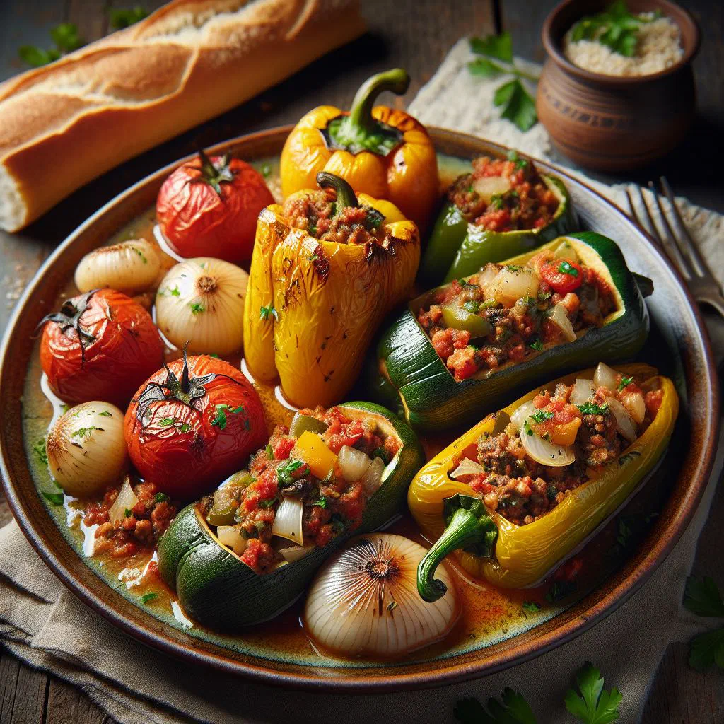Stuffed peppers and aubergines filled with spiced rice and meat, garnished with fresh herbs