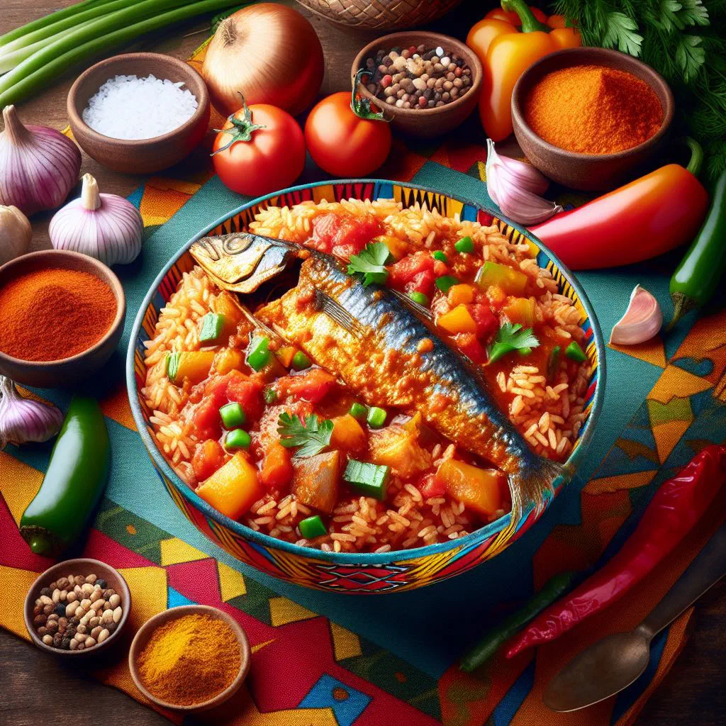 Mbakhalou Saloum with rice, vegetables and fish in a shallow bowl
