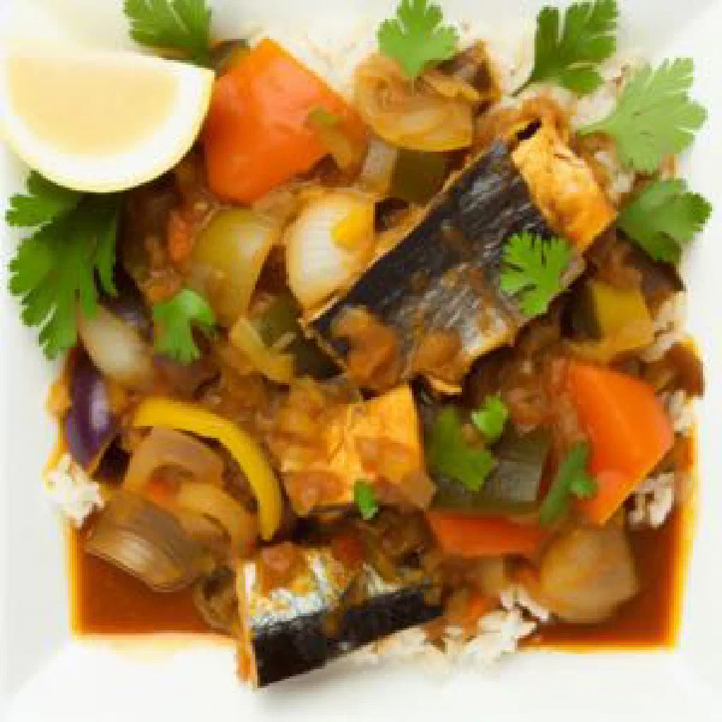 Senegalese mbotok with spiced fish and rice garnished with parsley