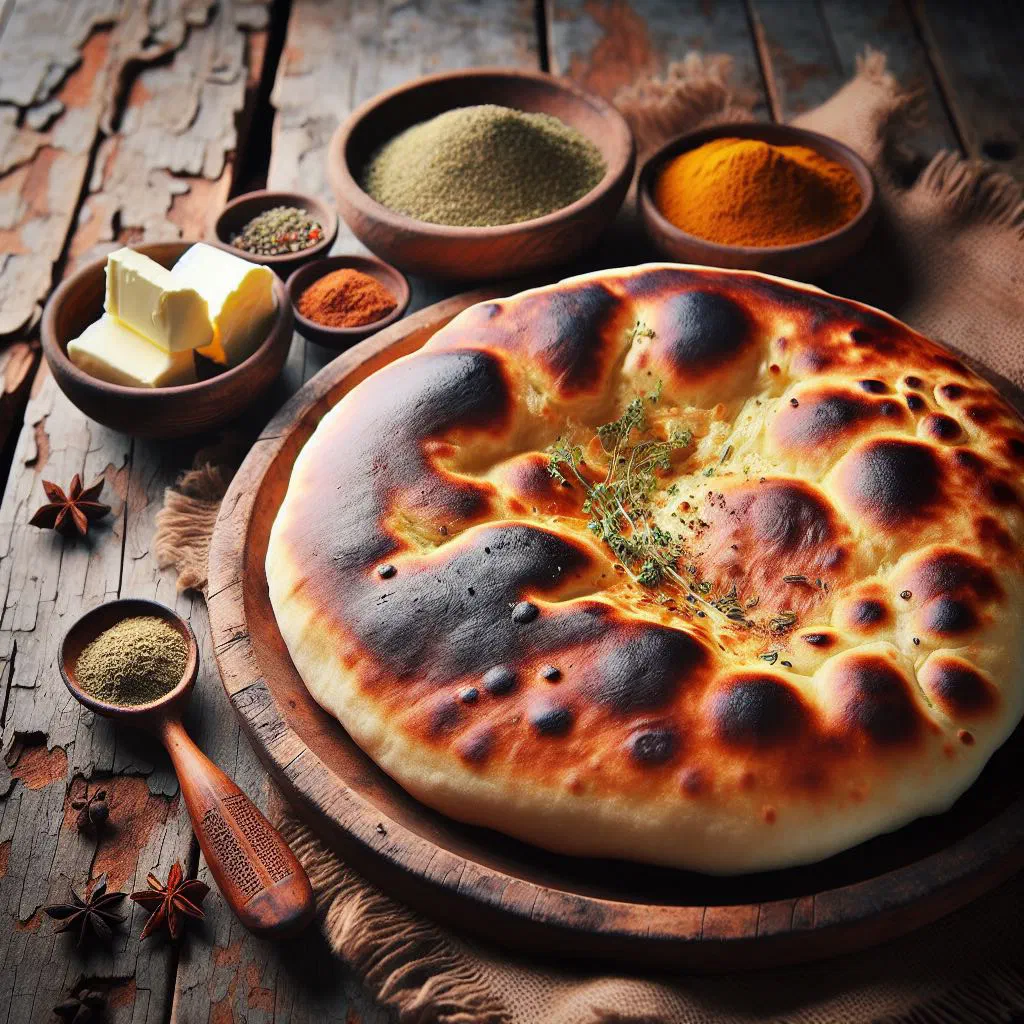 Senegalese naan mburu with tender meat, carrots and peppers garnished with fresh herbs