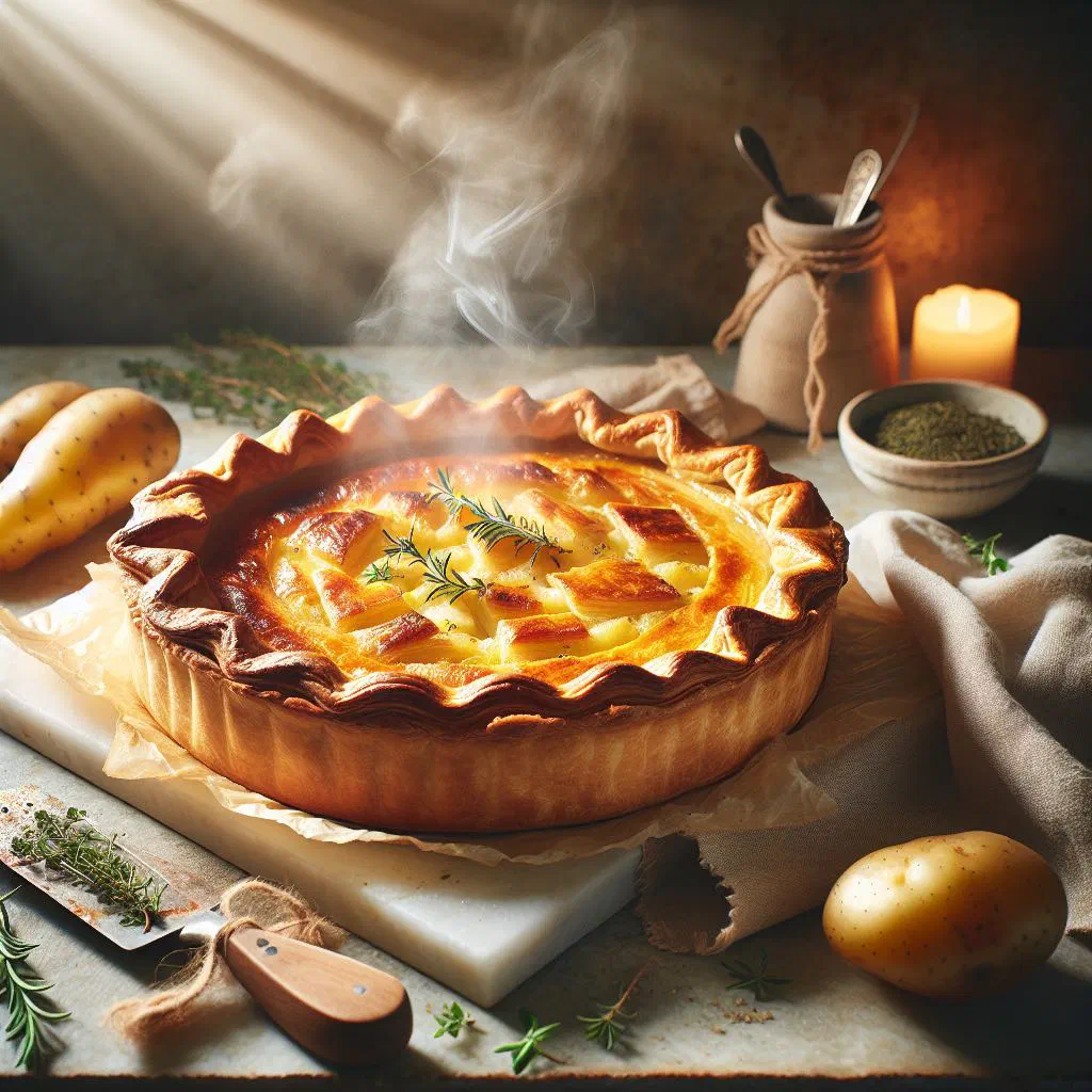 Golden baked Senegalese potato pie garnished with fresh parsley