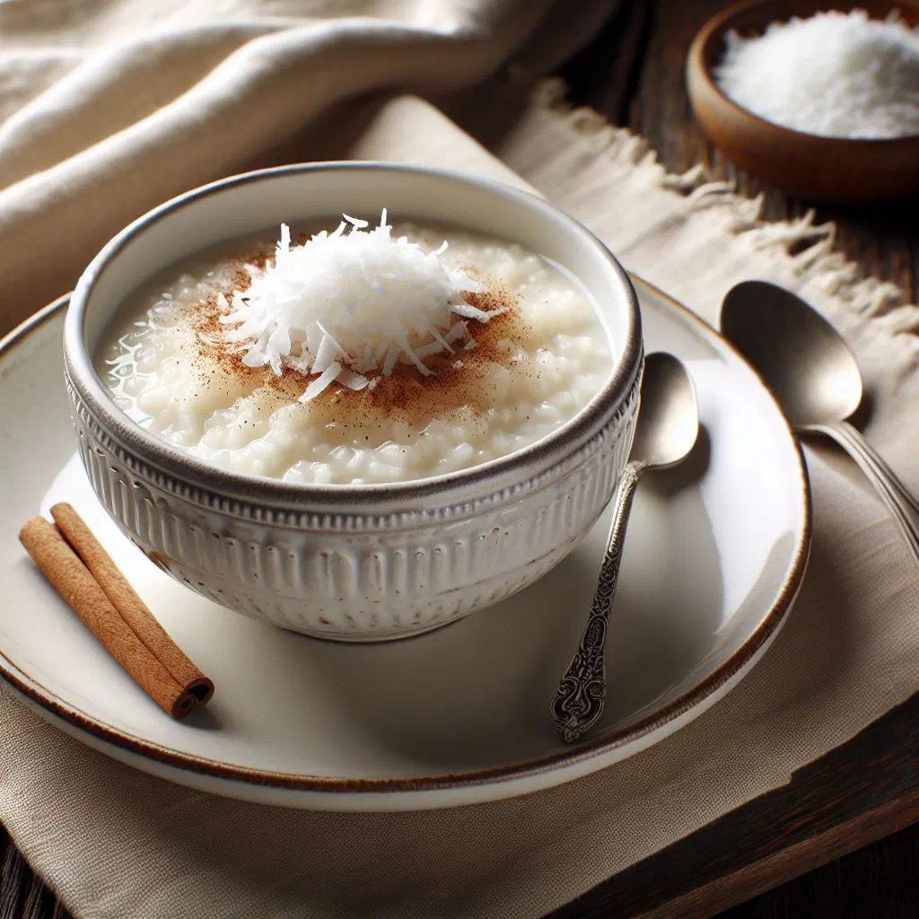 Creamy coconut rice pudding topped with fresh tropical fruit