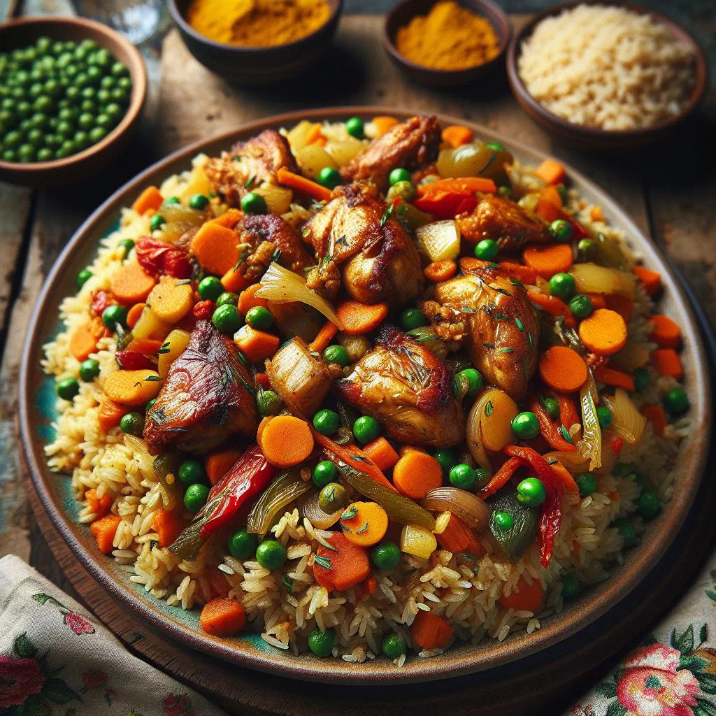 Festive Senegalese riz gras with rice, tender meat and colourful vegetables