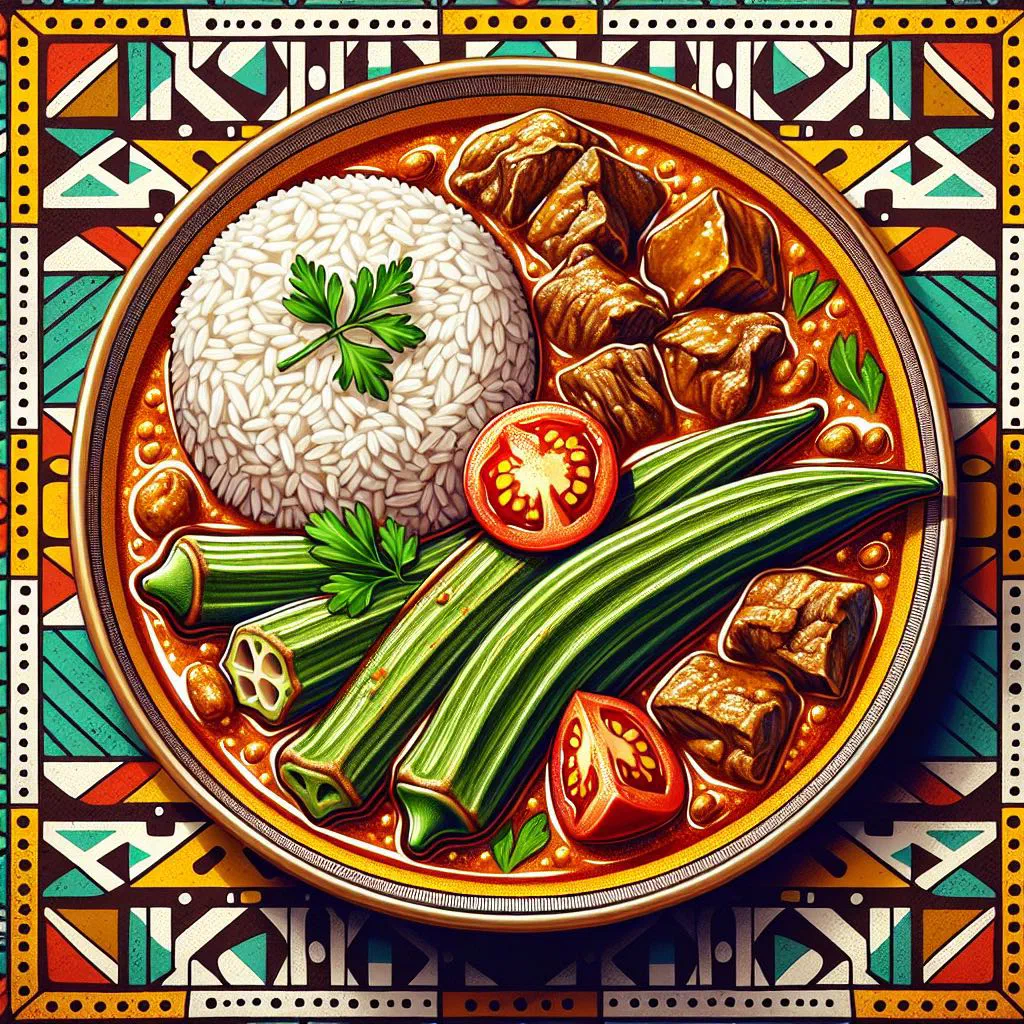 A bowl of Senegalese sauce gombo with okra served over rice
