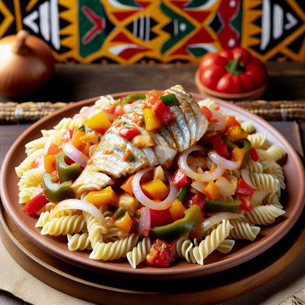 Senegalese pasta tossed with vegetables and tomato sauce, garnished with fresh herbs