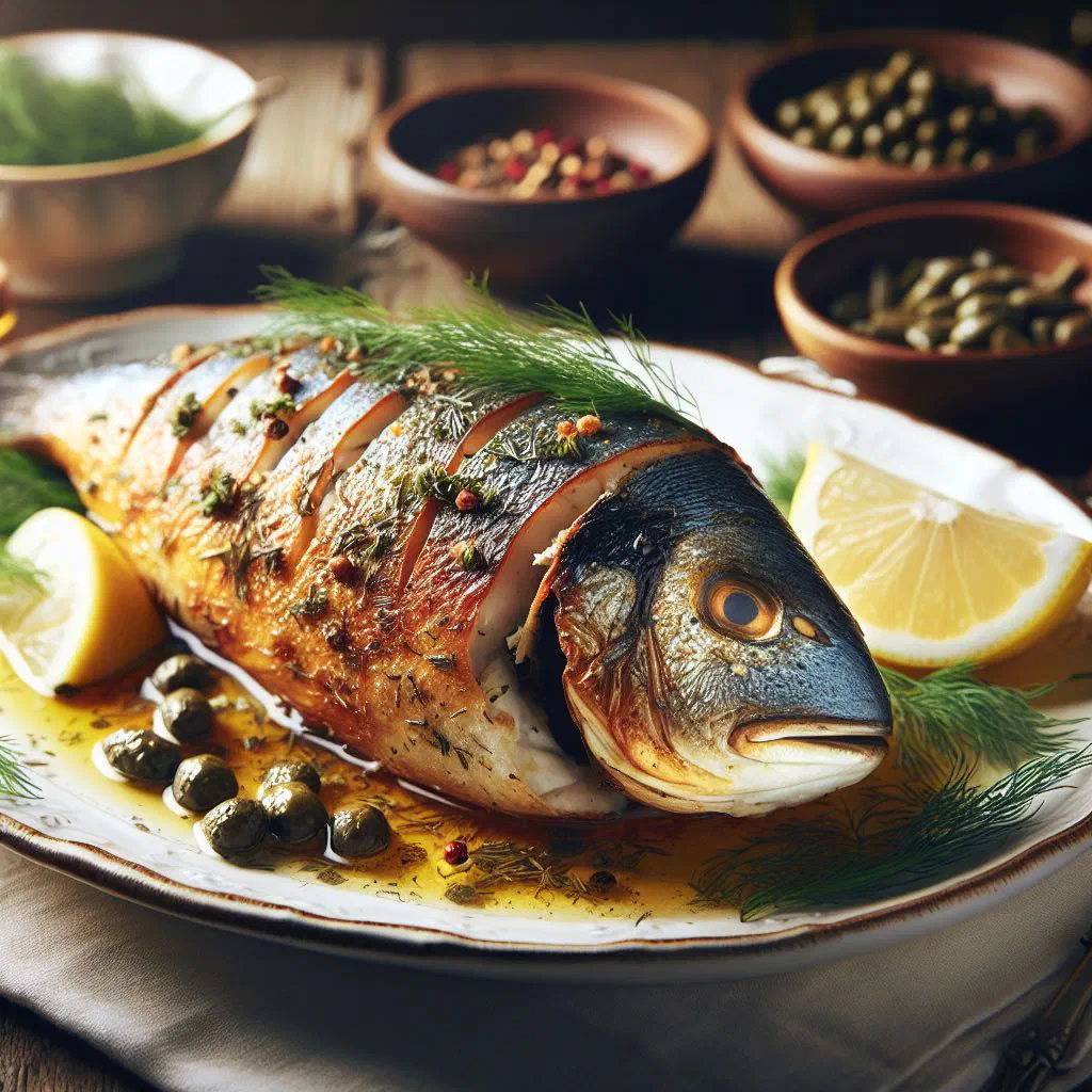 Whole stuffed fish with a spiced vegetable filling on a serving plate