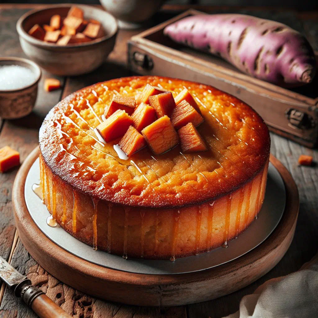 Golden Senegalese sweet potato cake dusted with icing sugar