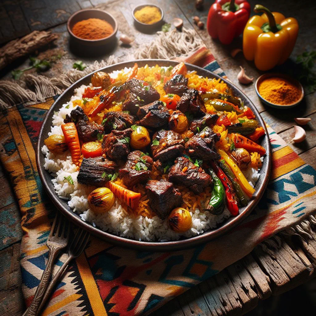 Thiebou yapp with tender meat, vegetables and fragrant rice