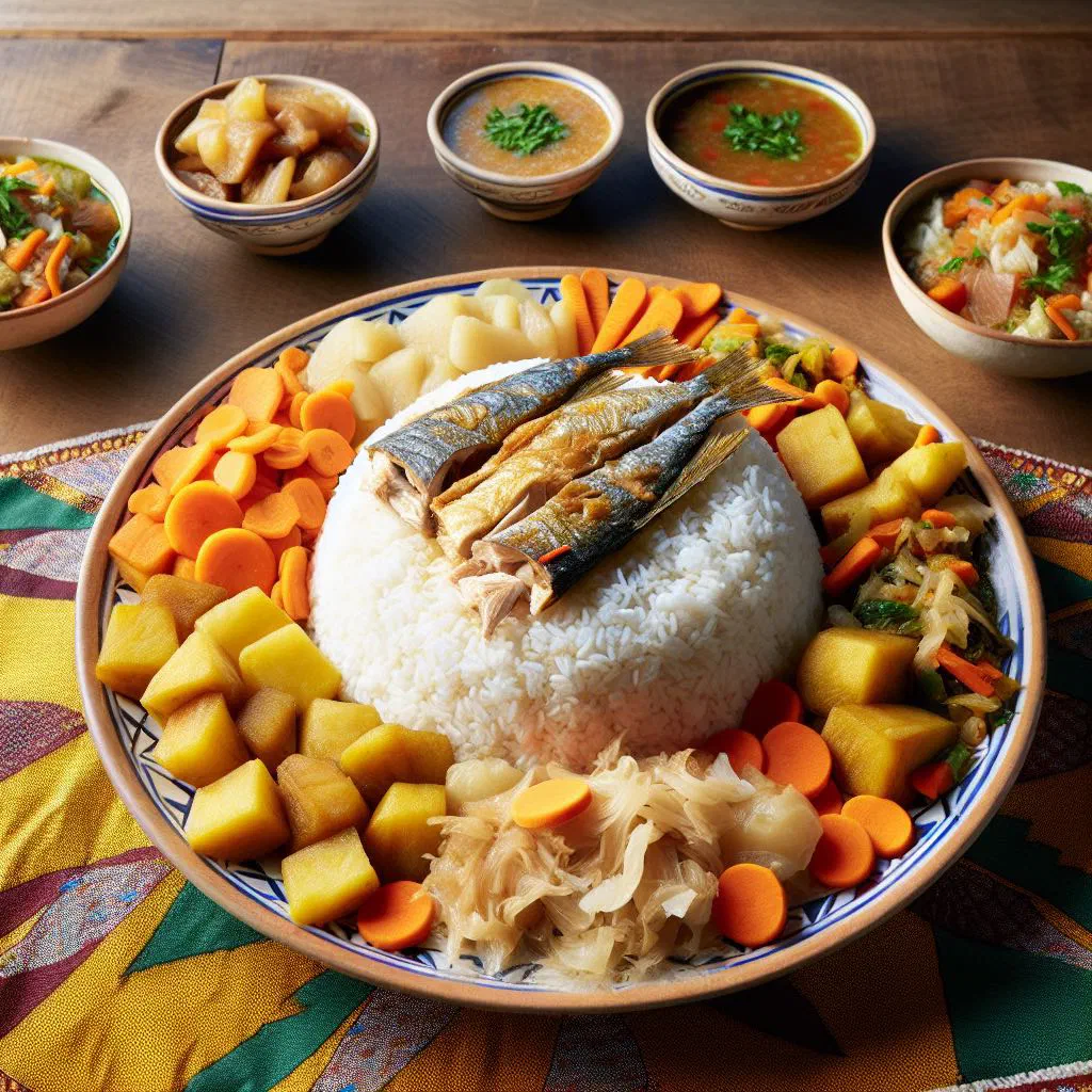 Thieboudienne blanc with white fish, rice and colourful vegetables in a bowl