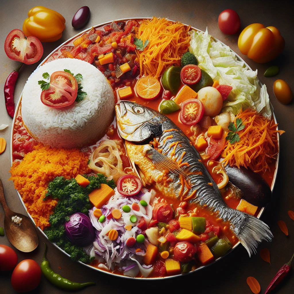 Thieboudienne with fish, vegetables and tomato-red rice in a large bowl