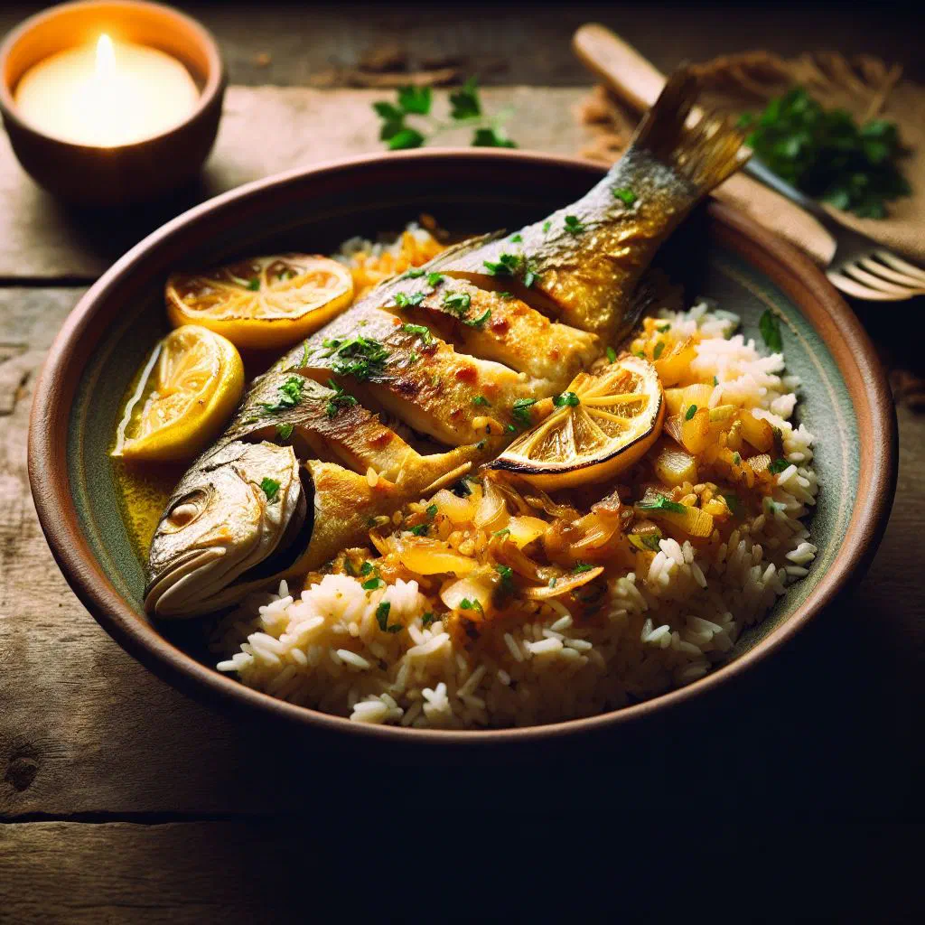 Yassa au poisson with marinated fish, caramelised onions and rice