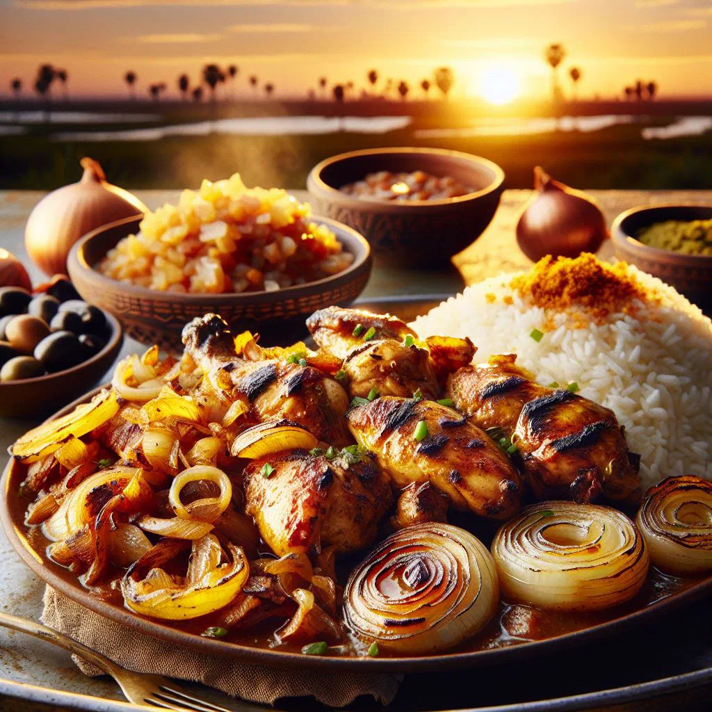 Yassa au poulet with braised onions and lemon sauce served over rice