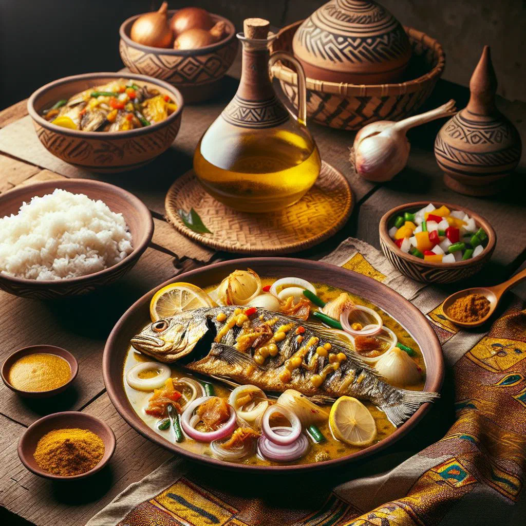 Marinated pan-fried fish with caramelised onion sauce, served with rice