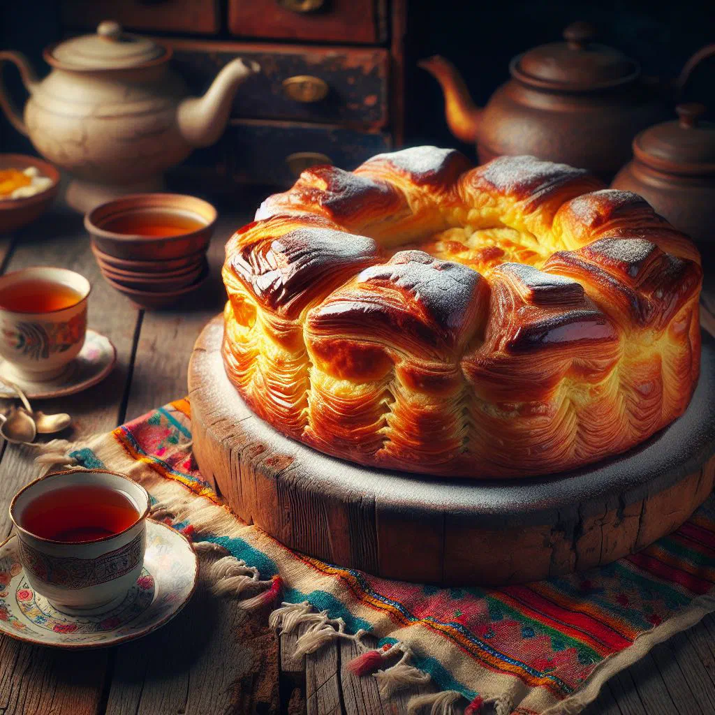 Golden baked banica pastry with feta filling, cut into slices