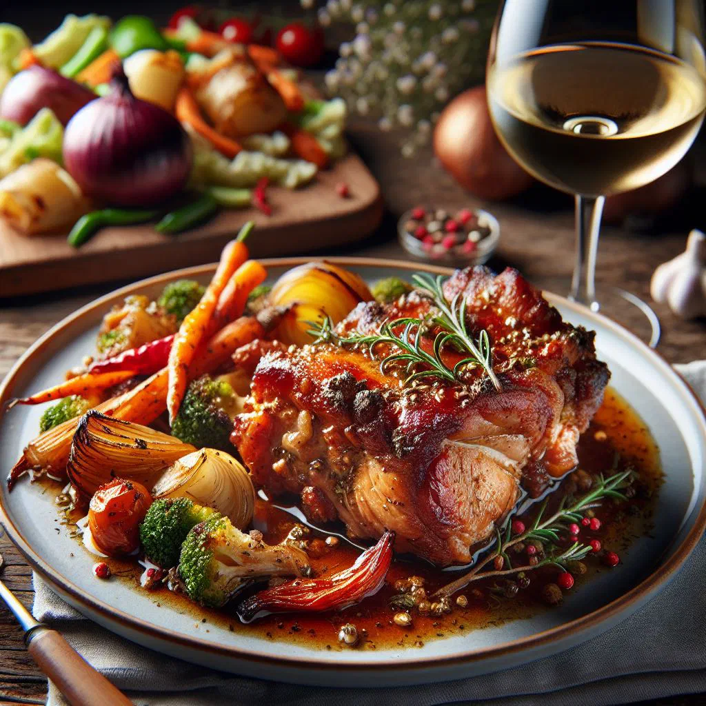 Tender simmered pork garnished with fresh parsley in a rustic dish