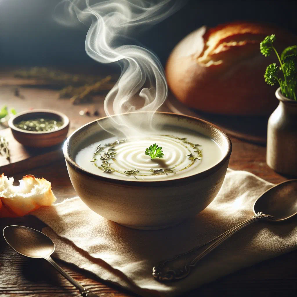 A bowl of creamy white Serbian chicken soup garnished with fresh parsley