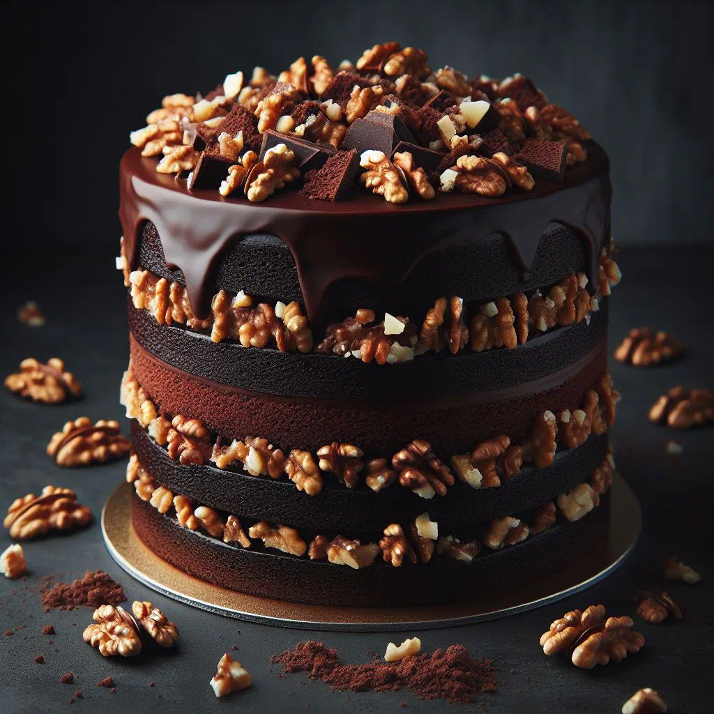Slice of Serbian chocolate walnut cake dusted with icing sugar