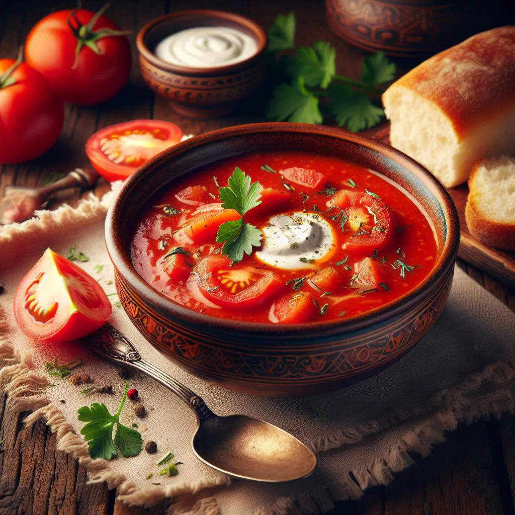 A bowl of Serbian tomato soup garnished with fresh herbs and a drizzle of olive oil