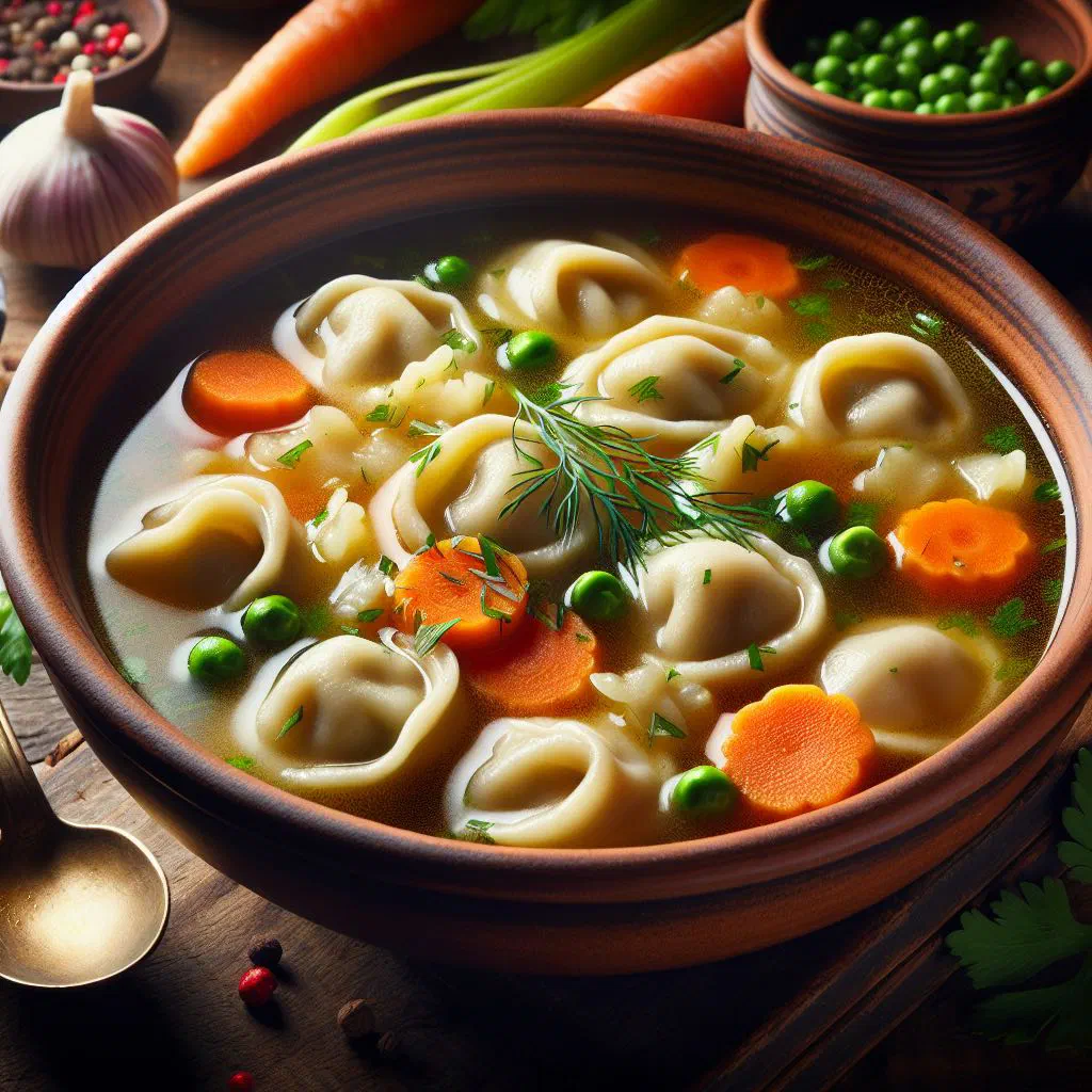 Bowl of Serbian broth soup with soft dumplings and fresh parsley