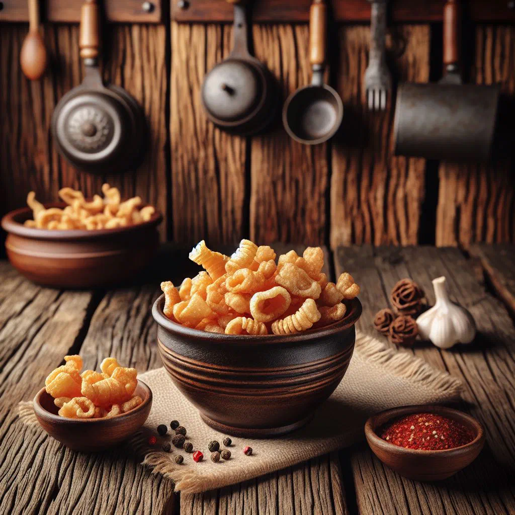 Golden crispy Serbian čvarci pork cracklings served in a rustic bowl