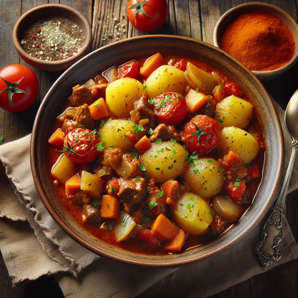 Serbian goulash with potatoes garnished with fresh parsley
