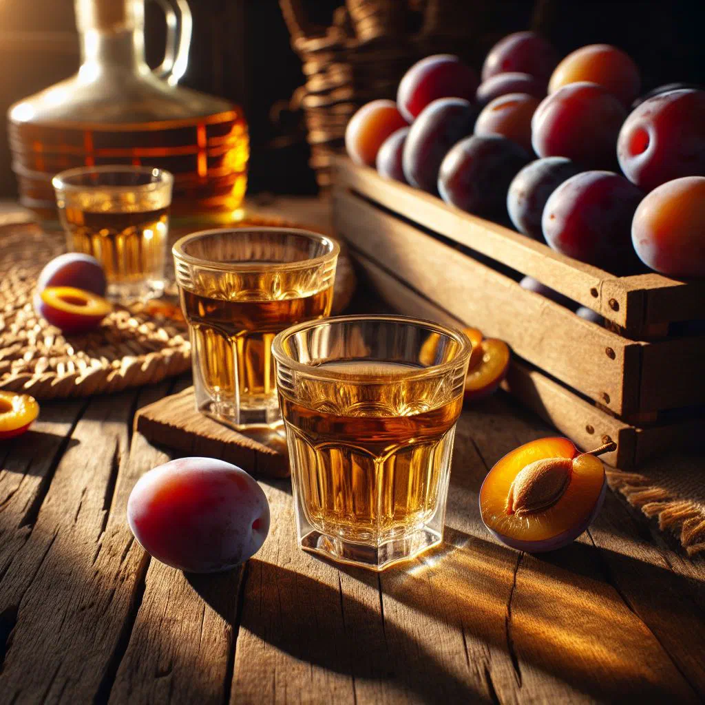 A glass of clear homemade Serbian rakija beside fresh plums