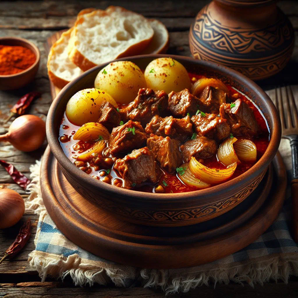 Serbian lamb paprika stew with potatoes and peppers in a rustic bowl
