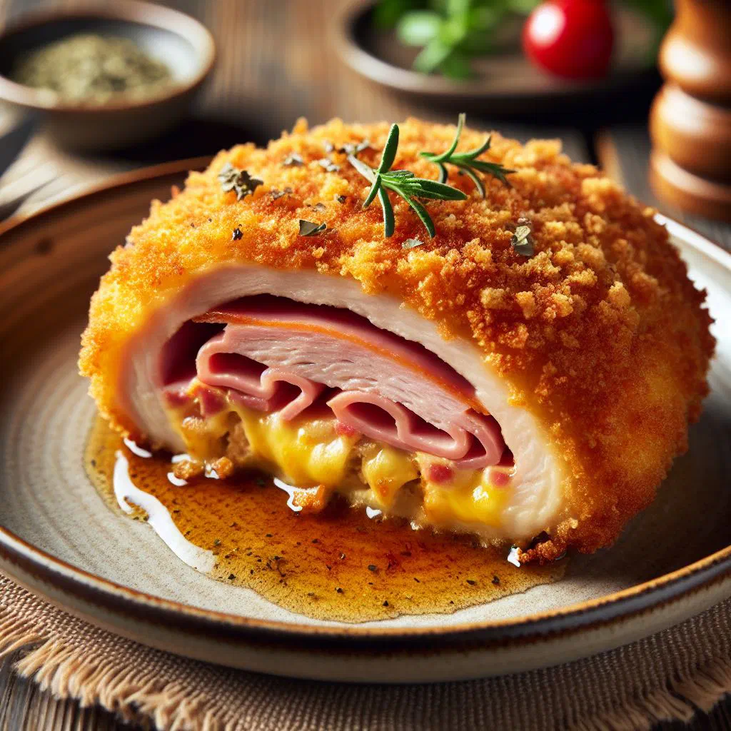 Golden breaded rolled pork schnitzel filled with kajmak, sliced and served