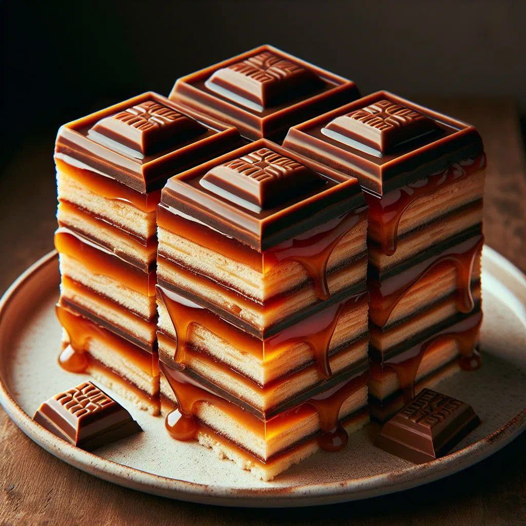 Layered Serbian caramel squares topped with dark chocolate glaze