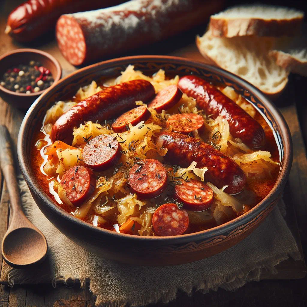 Braised sauerkraut with sliced Serbian sausages in a rustic bowl