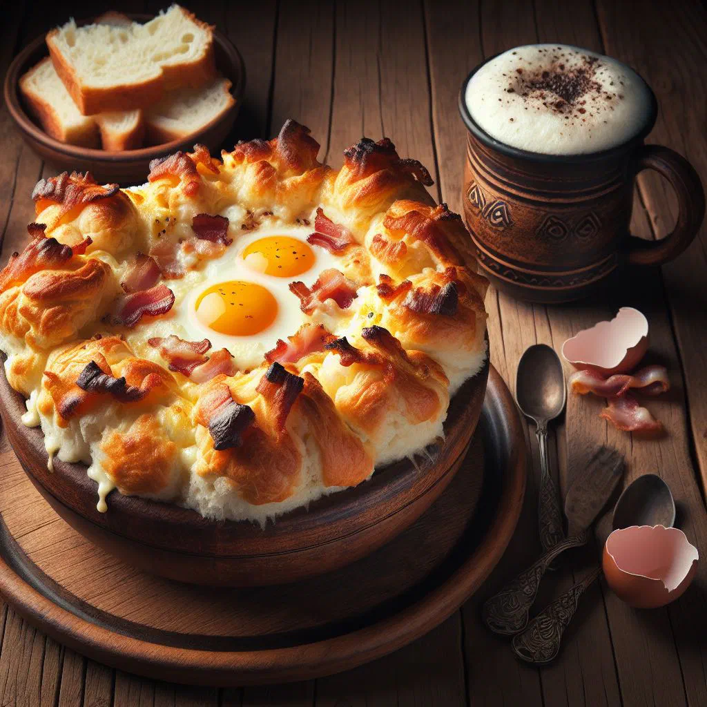 Freshly baked Serbian komplet lepinja flatbread on a wooden board
