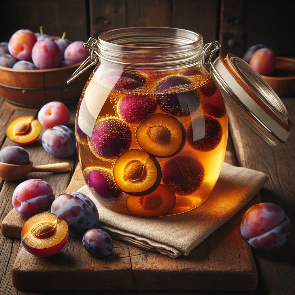 Bowl of Serbian plum compote with a cinnamon stick