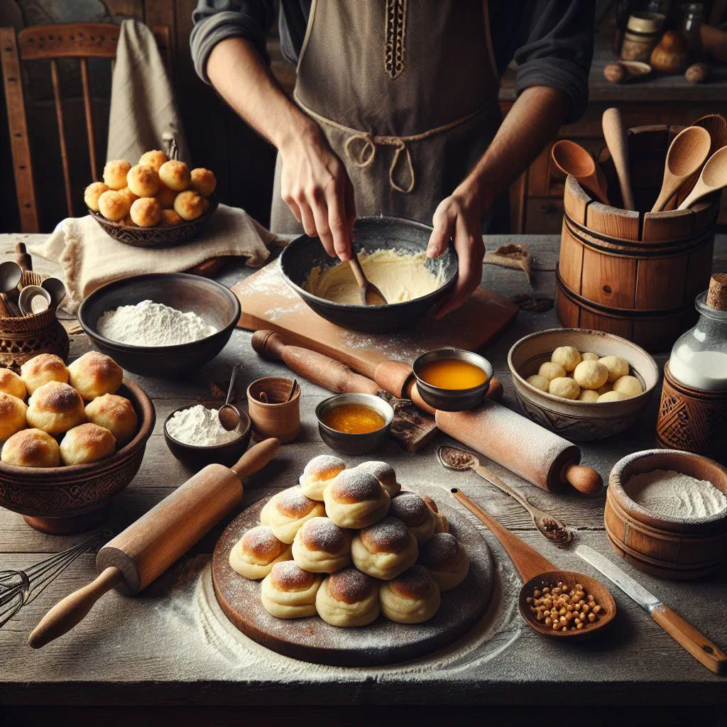 Golden Serbian krofne doughnuts dusted with icing sugar