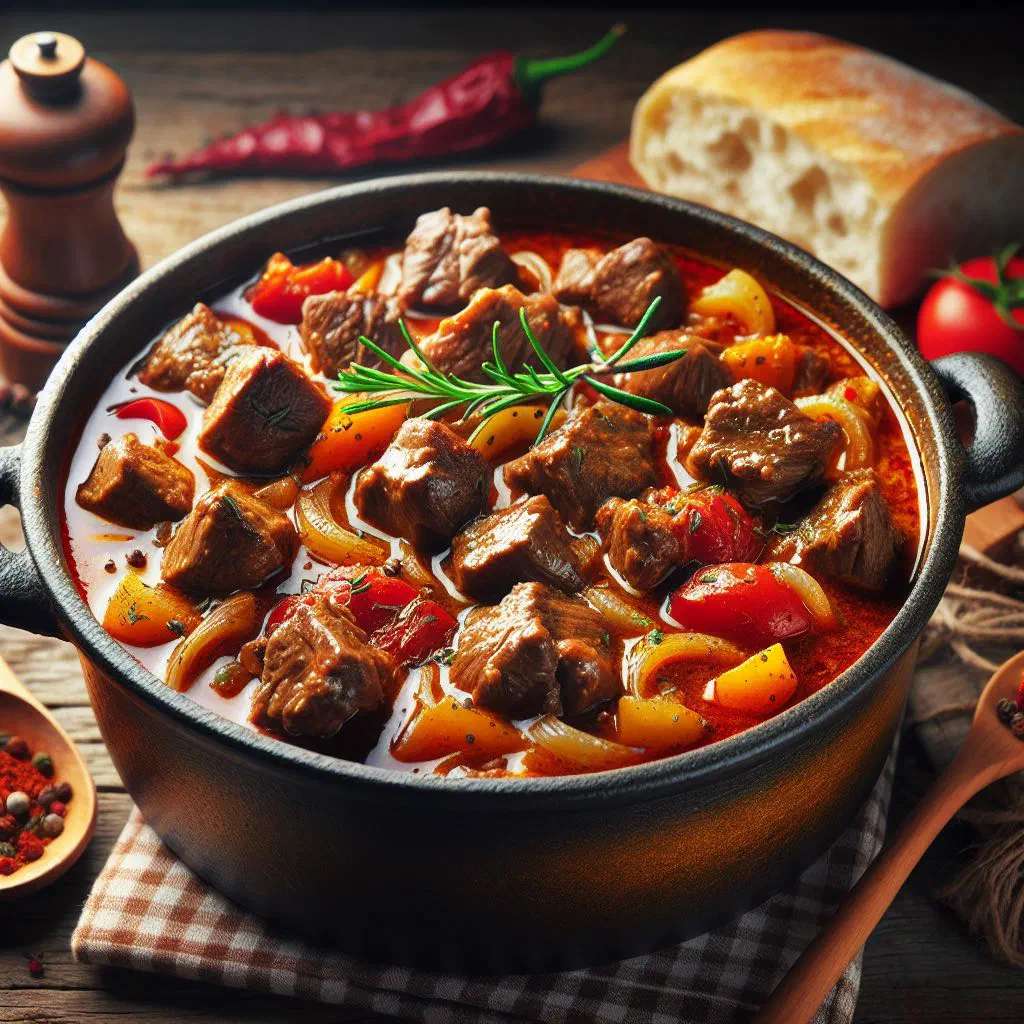 Rich Serbian lamb goulash with tender meat and vegetables in a rustic bowl