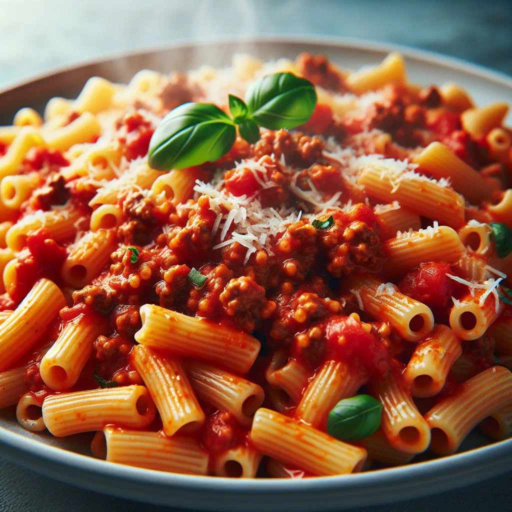 Macaroni with spiced minced meat and tomato sauce garnished with parsley