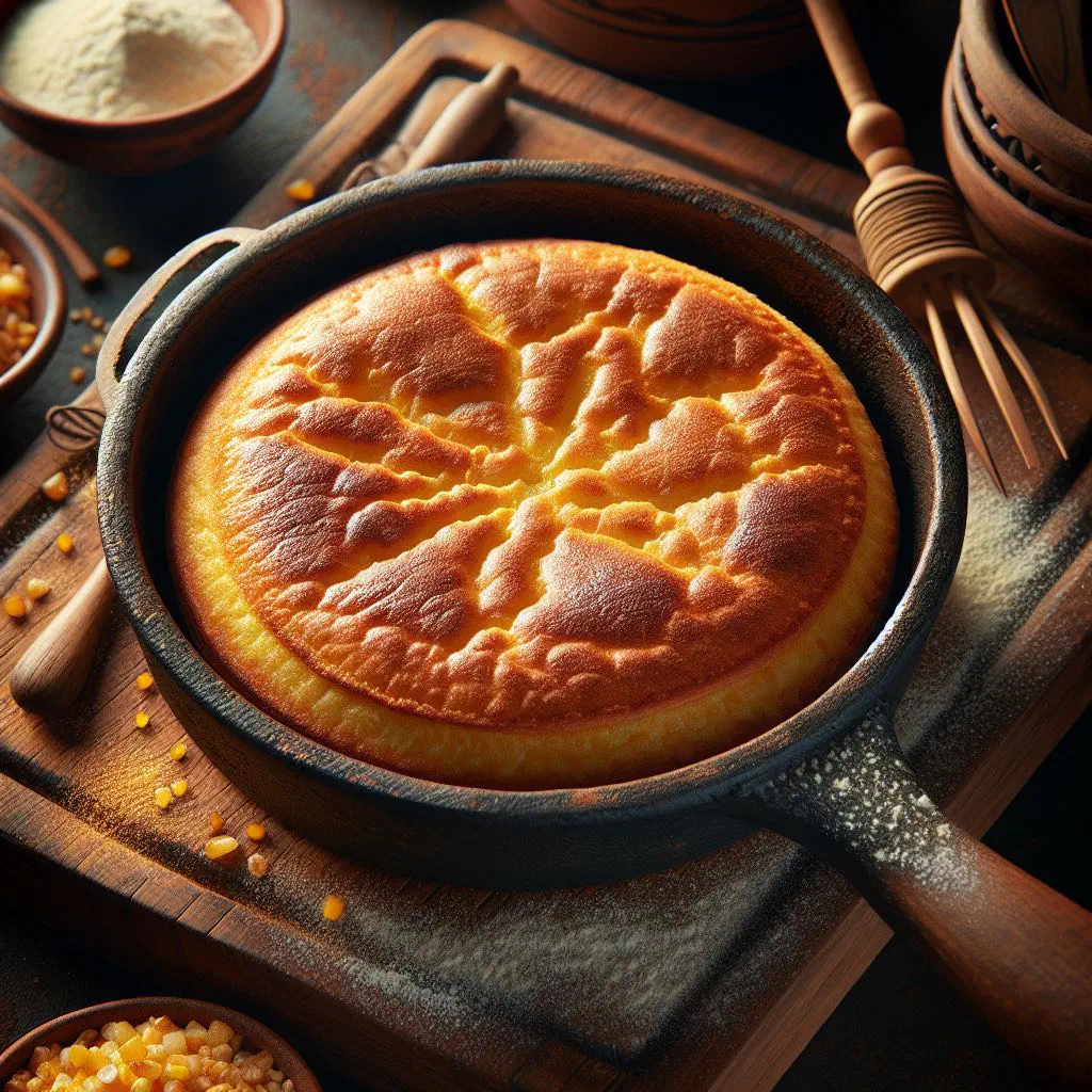 Golden Serbian masna proja cornbread with a crisp crust, sliced on a wooden board