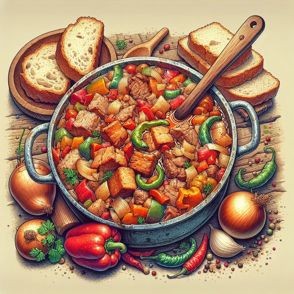 Serbian mućkalica with pork, beef and peppers in a rich tomato sauce