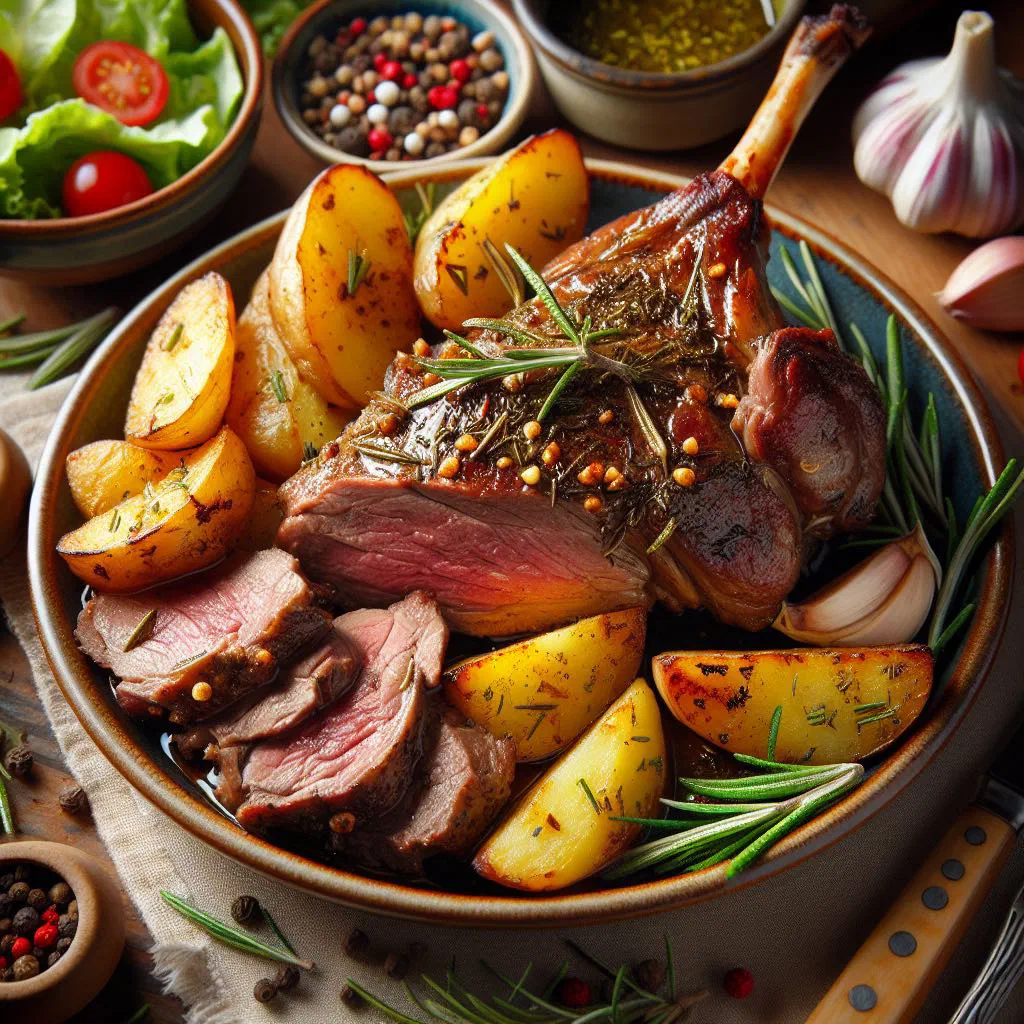 Golden oven-roasted leg of lamb carved into slices with fresh herbs