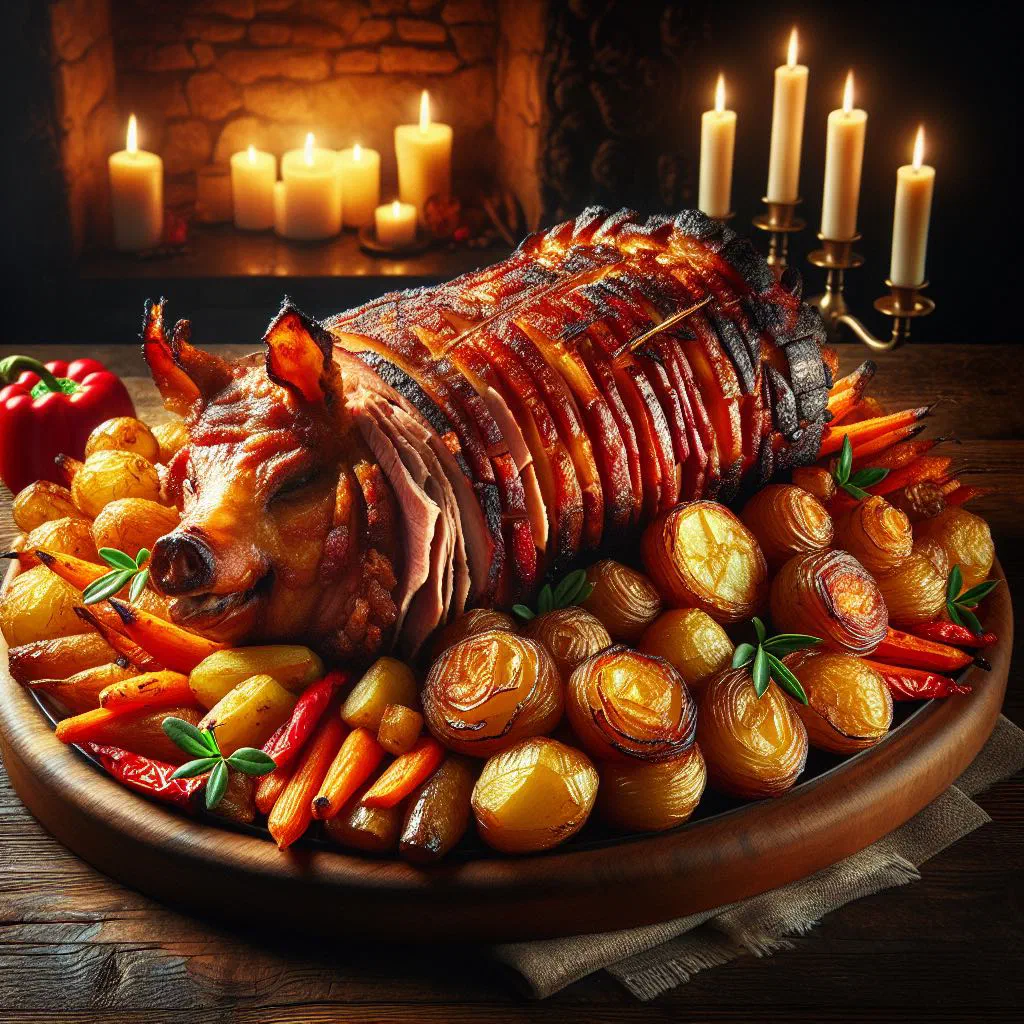 Golden, crackling roast suckling pig garnished with fresh herbs