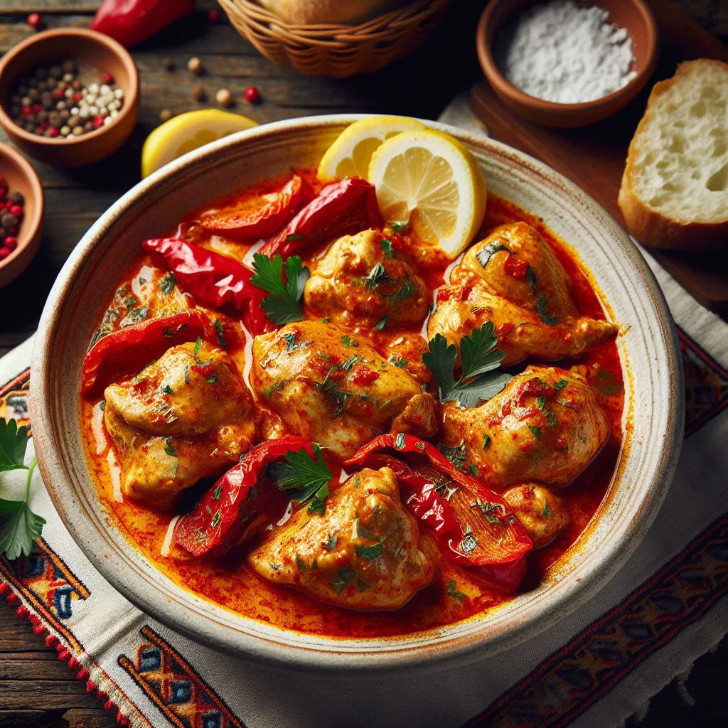 Serbian pileći paprikaš chicken stew with red and green peppers in a rich paprika sauce
