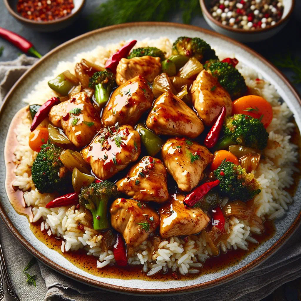 Serbian chicken sauté with peppers and onions garnished with parsley