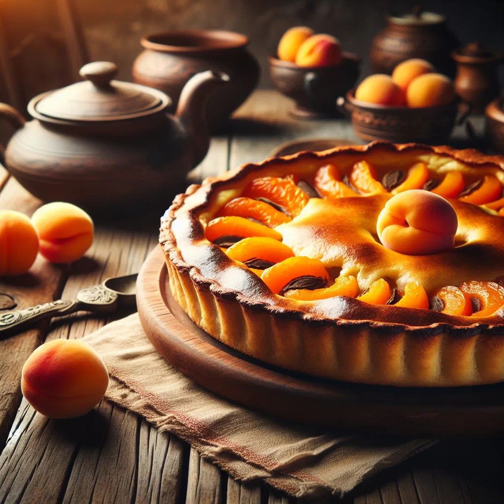 Golden apricot pastry dusted with icing sugar, cut into squares