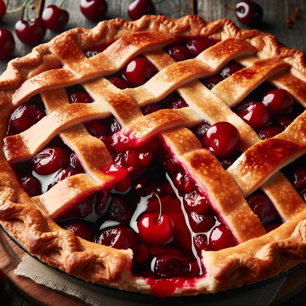 Golden baked sour cherry pie dusted with icing sugar