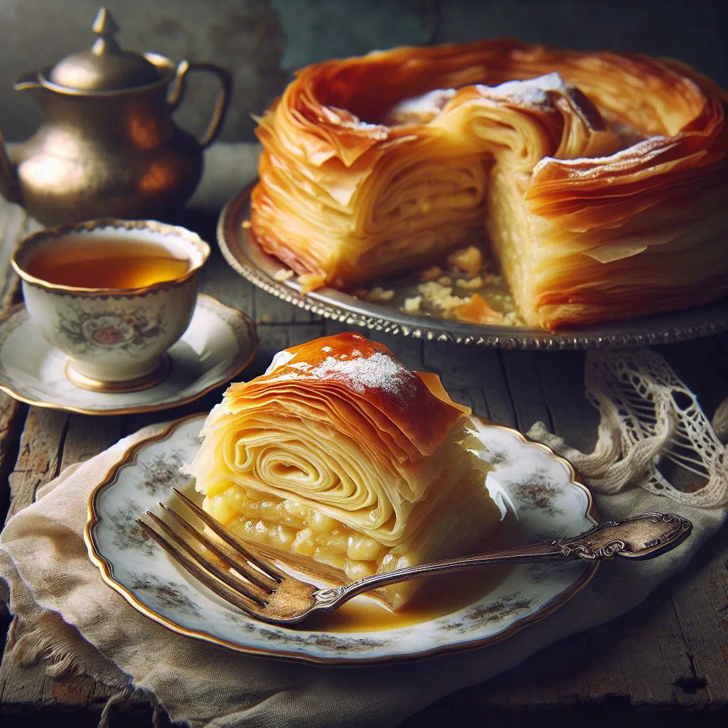 Golden baked Serbian semolina pastry dusted and served warm