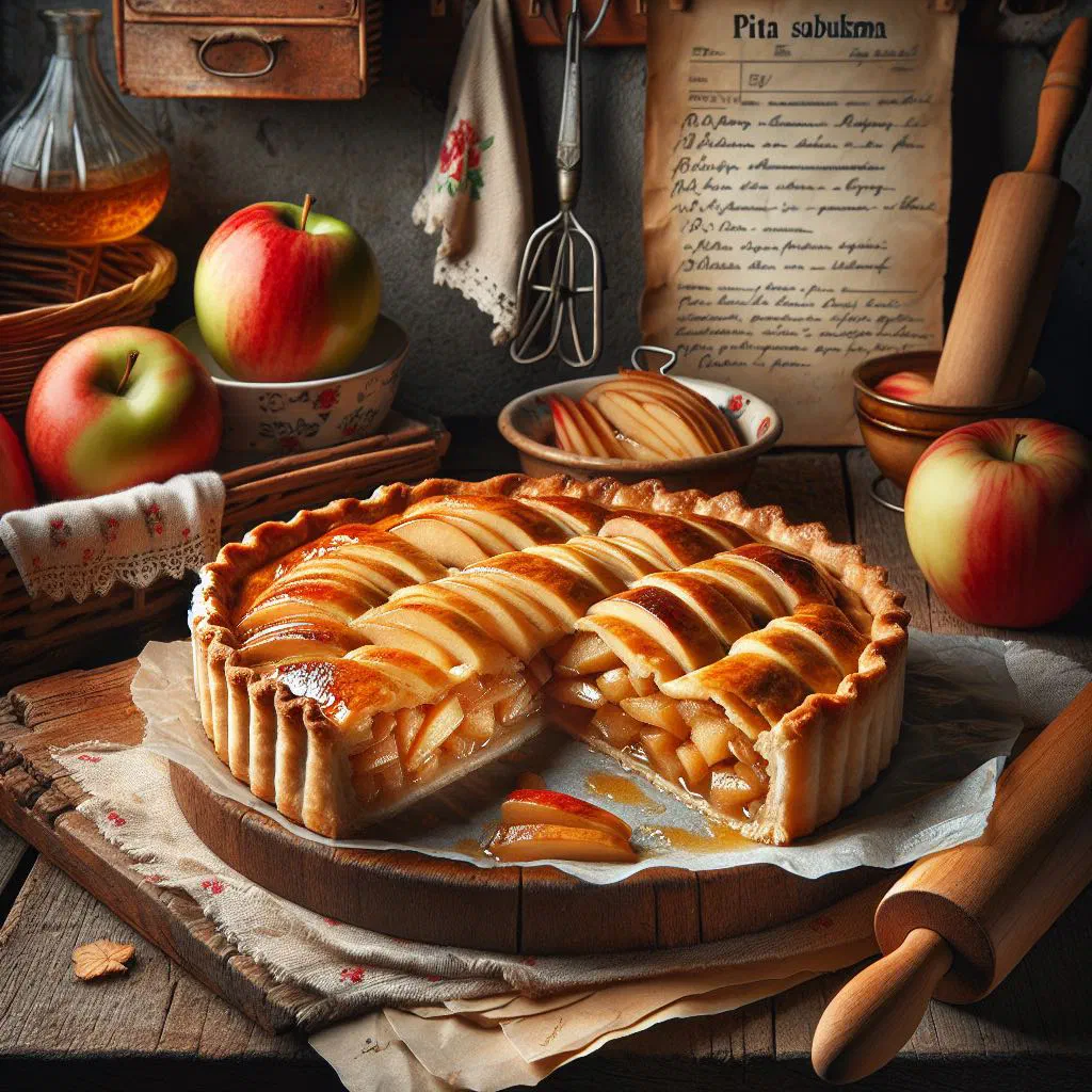 Golden apple pita with flaky pastry, dusted with icing sugar