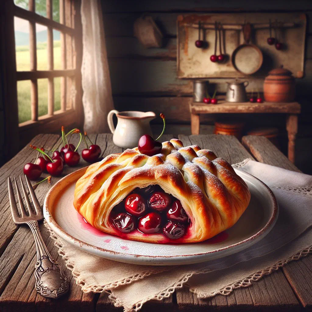 Golden baked sour cherry pastry dusted with icing sugar