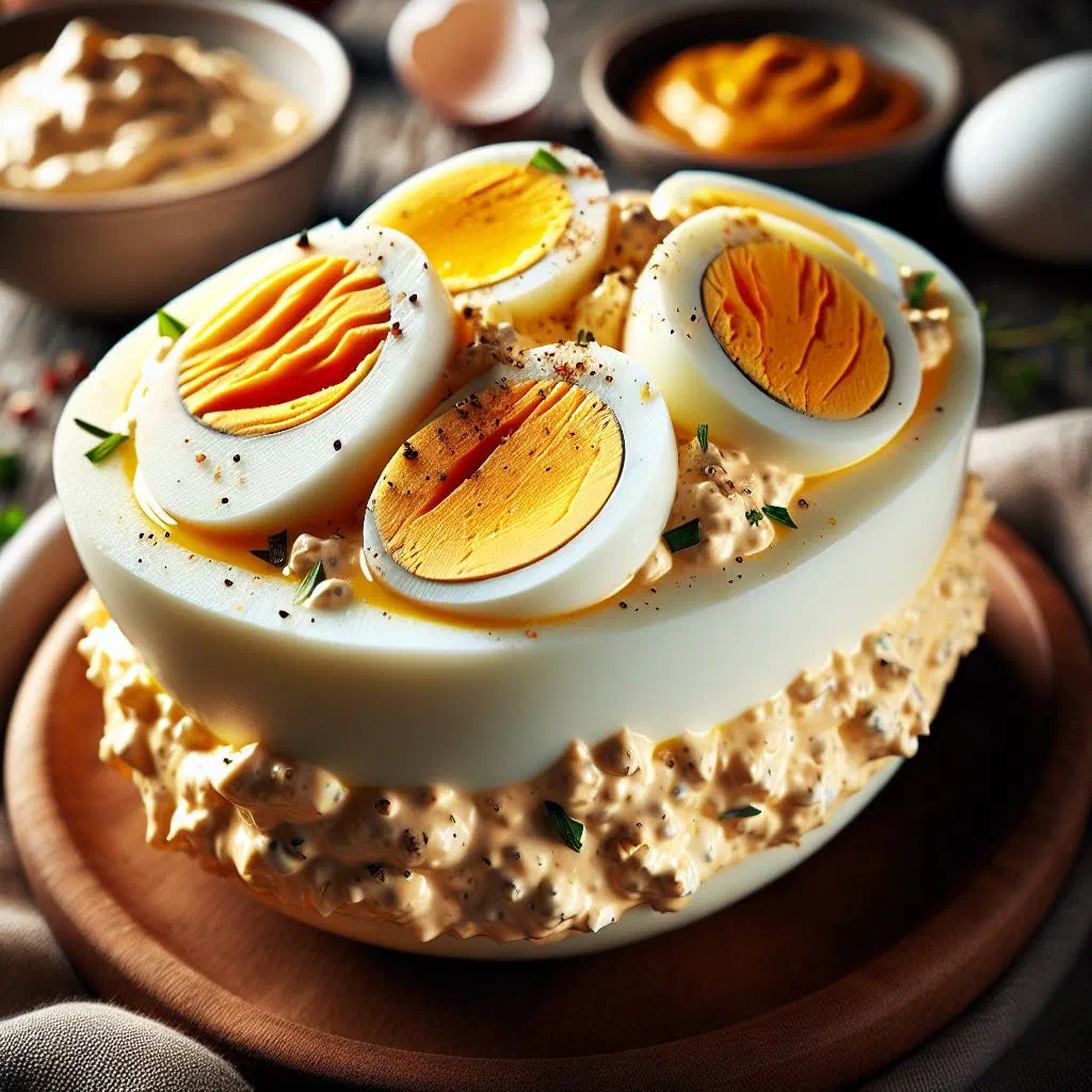 Halved stuffed eggs with a creamy filling, garnished with fresh herbs