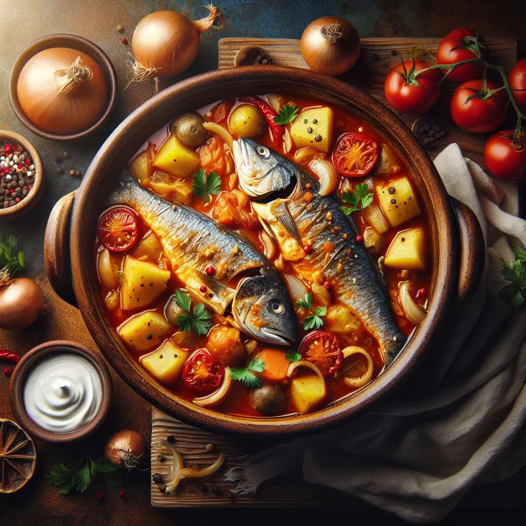 A rich red bowl of Serbian fish goulash garnished with fresh parsley
